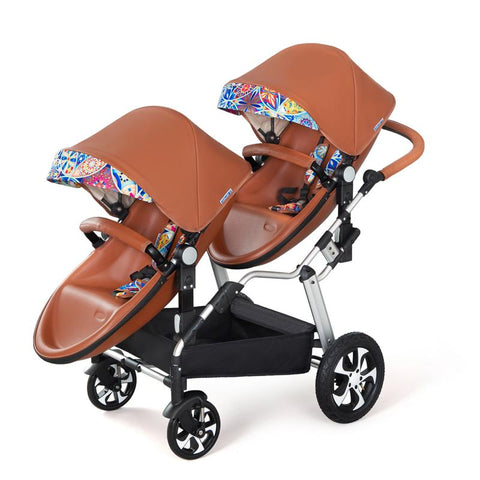 2023New Luxury twins baby stroller,aluminum frame PU leather twin pram-TB00385-Veeddydropshipping