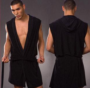 Sleeveless Oversized Silky Male Pajamas Hooded Bathrobe Ultra-thin Homewear-MF01599-Veeddydropshipping