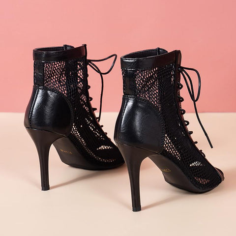 Shoes Summer 2022 Trend Black Lace-Up Sexy Peep Toe Boots-BS00804-Veeddydropshipping