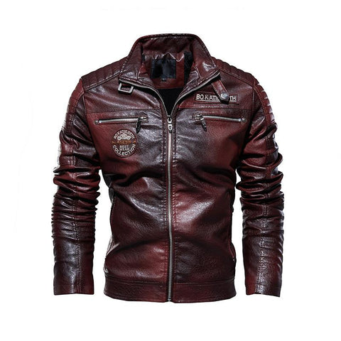 Fleece Motorcycle PU Leahter Jacket Male  Stand Collar Casual-MF01356-Veeddydropshipping