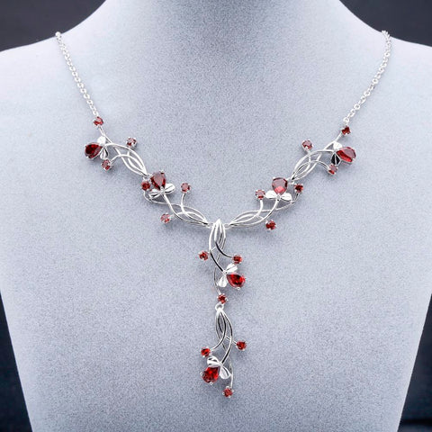 atural Red Garnet Bridal Necklace  925 Sterling Silver-JW00121-Veeddydropshipping