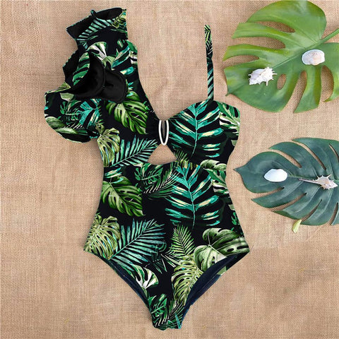 Sexy One Shoulder Ruffle One Piece Swimsuit Print Floral Swimwear Women -OS00080-Veeddydropshipping