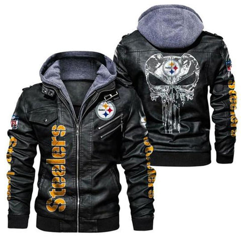 Hooded Pu Leather Jacket Fall Winter Warm 49ers Steelers-MF01393-Veeddydropshipping