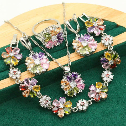 925 Silver Jewelry Sets Multicolor Zircon Bracelet Earrings Necklace -JW00203-Veeddydropshipping