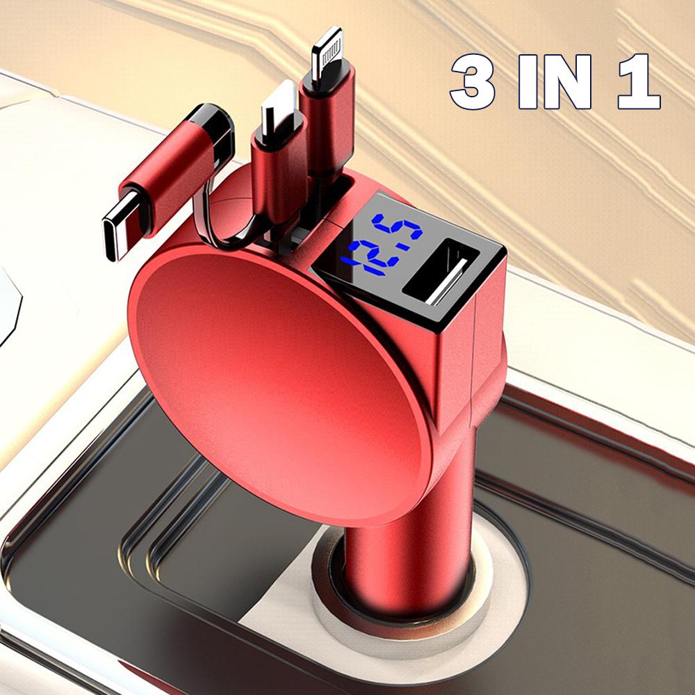 3in1 Car Charger with Retractable Cable Super Fast Charger-PA01164-Veeddydropshipping