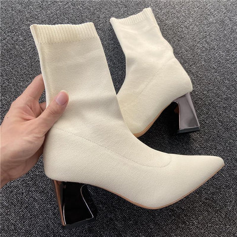 High Heels White Ankle Boots Stripper Low Block Heel-BS01023-Veeddydropshipping