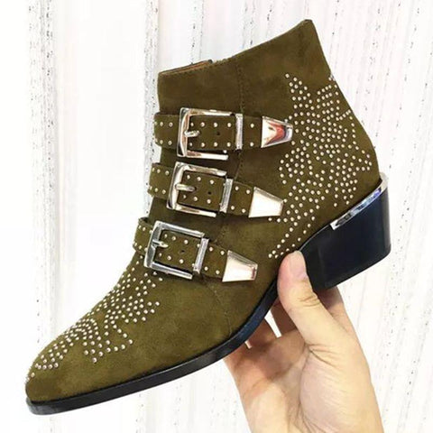 Round Toe Rivet Flower Short Boots Cowhide Thick Heel Low New-BS00985-Veeddydropshipping