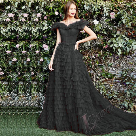 Off Shoulder Evening Dress V-neck Tiered Gelitter-WF01588-Veeddydropshipping