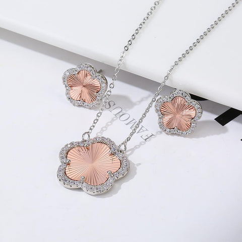 Lucky Jewelry Zircon CZ Simple Inlaid Plant Flower Pendant set-JW01328-Veeddydropshipping