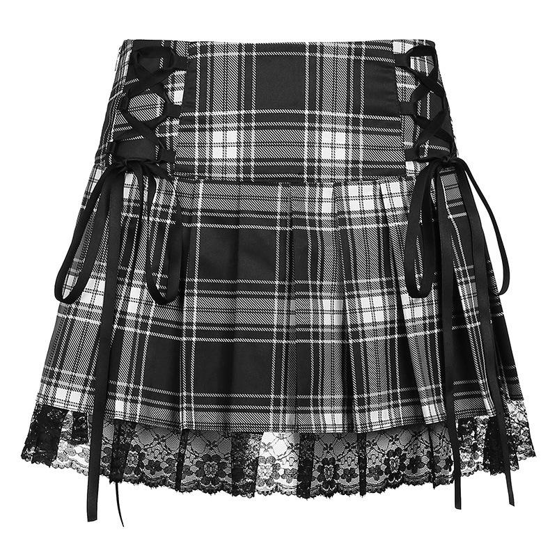 Sexy Lace-up Lace Plaid Pleated Skirt-Veeddydropshipping