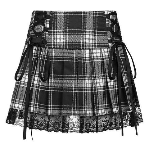 Sexy Lace-up Lace Plaid Pleated Skirt-Veeddydropshipping