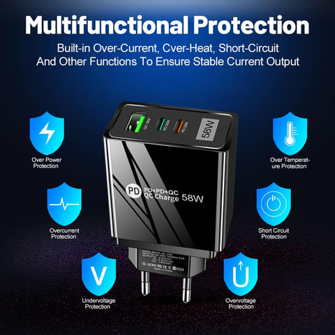 3 Ports Mobile Phone Charging PD Type-C+QC3.0 58W USB Wall Fast Charger US EU Plug-PA00383-Veeddydropshipping