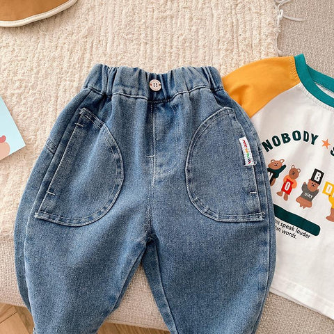 Kids Boy Jeans 0-6Years Children Cargo Denim Pant Solid Color Elastic-TB01265-Veeddydropshipping