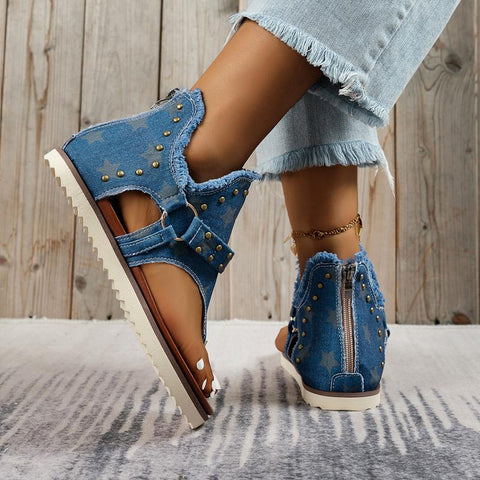Women Chic Star Print Gladiator Sandals Ladies Punk Rivet Stud-BS00836-Veeddydropshipping