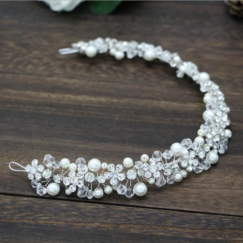 Flower Diamante Crystal Pearl Headband Rhinestone Wedding  -JW00538-Veeddydropshipping