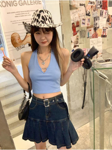 Denim Pleated Women A Line Skirts-WF00640-Veeddydropshipping