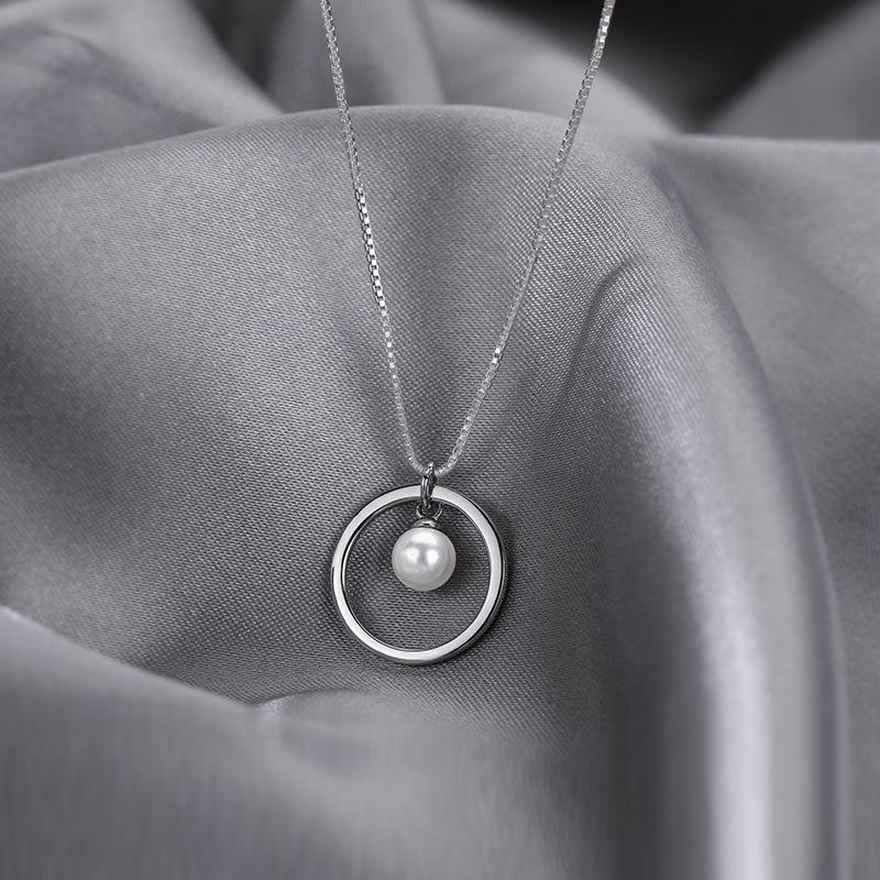 Silver Delicate Round Pearl Pendant Necklace  -JW00291-Veeddydropshipping