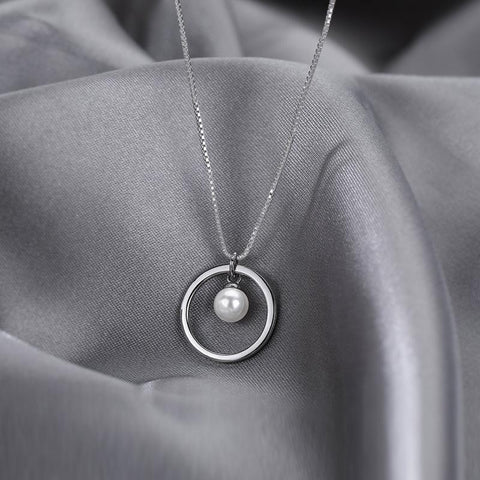 Silver Delicate Round Pearl Pendant Necklace  -JW00291-Veeddydropshipping