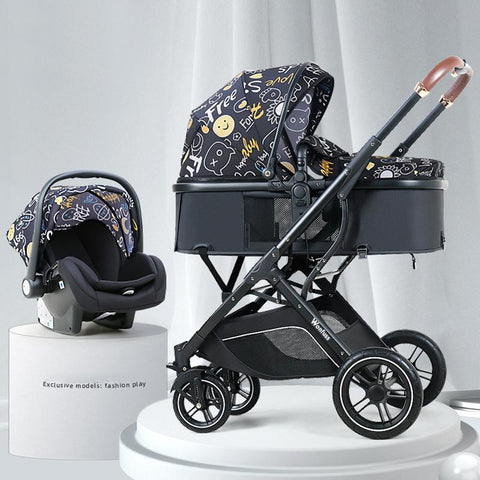 New Cartton Baby Stroller 3 In 1 with Car Seat PU leather foldable-TB00378-Veeddydropshipping