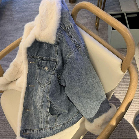 Women Lambskin Denim Coat With Fleece and Fluffy-Veeddydropshipping