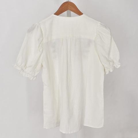 Embroidered Flower Short Sleeve Ladies Puff Sleeve Round Neck-WF00282-Veeddydropshipping