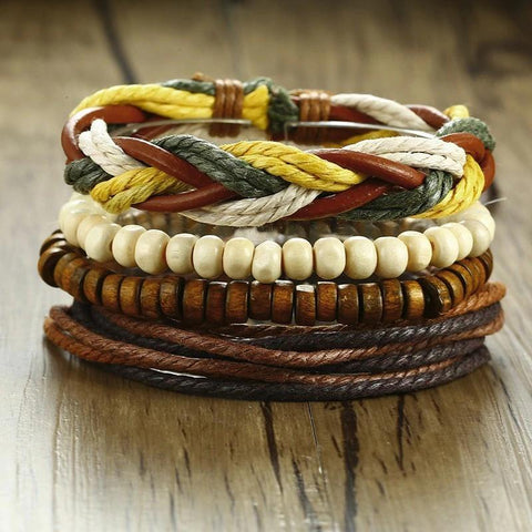Set Braided Wrap Leather Bracelets Wood Beads Ethnic Tribal Wristbands -JW00254-Veeddydropshipping