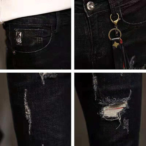 Luxury Denim Stretch Skinny Pants Ripped Slim Black-MF00657-Veeddydropshipping