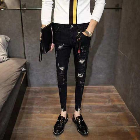 Luxury Denim Stretch Skinny Pants Ripped Slim Black-MF00657-Veeddydropshipping