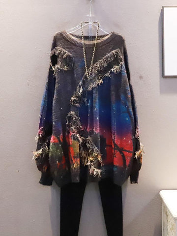 Fashion Knitting Sweater Contrast Color Splicing Irregular Tassel-WF00218-Veeddydropshipping