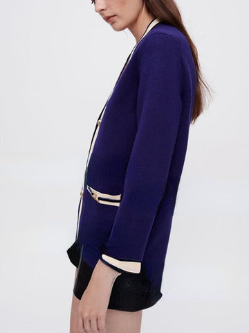 Women Contrast Trim Metal Button Knitted Cardigan-Veeddydropshipping