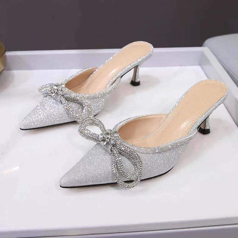 Rhinestone Baotou Shallow Mouth Slippers Middle Heel-BS01001-Veeddydropshipping