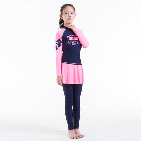 Teenager girl rashguard swimsuit long sleeve padded shirt pants with skirt -OS00073-Veeddydropshipping