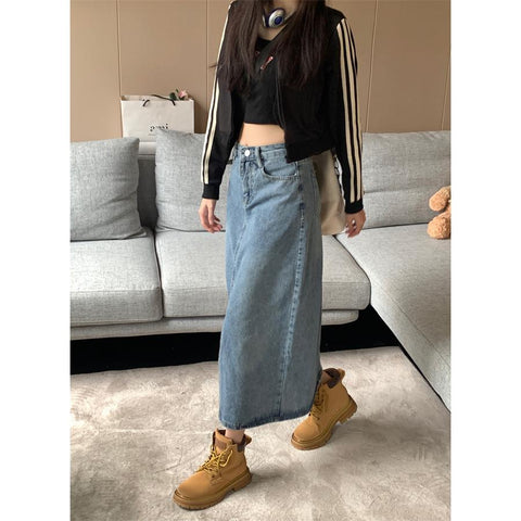 Vintage High Waist Slit Denim Skirt Women-WF00405-Veeddydropshipping