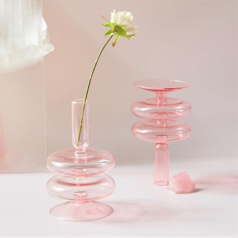 Pink Glass Candle Holder Taper Candlesticks Holder-HA01818-Veeddydropshipping