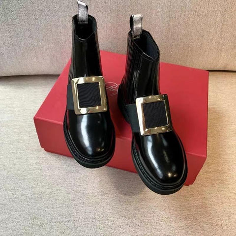 Rhinestone Square Buckle Boots Flat Women&#39;s-BS01016-Veeddydropshipping
