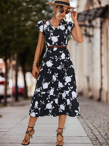 Casual Floral Printed V-Neck Mid-Calf Dress-WF00024-Veeddydropshipping