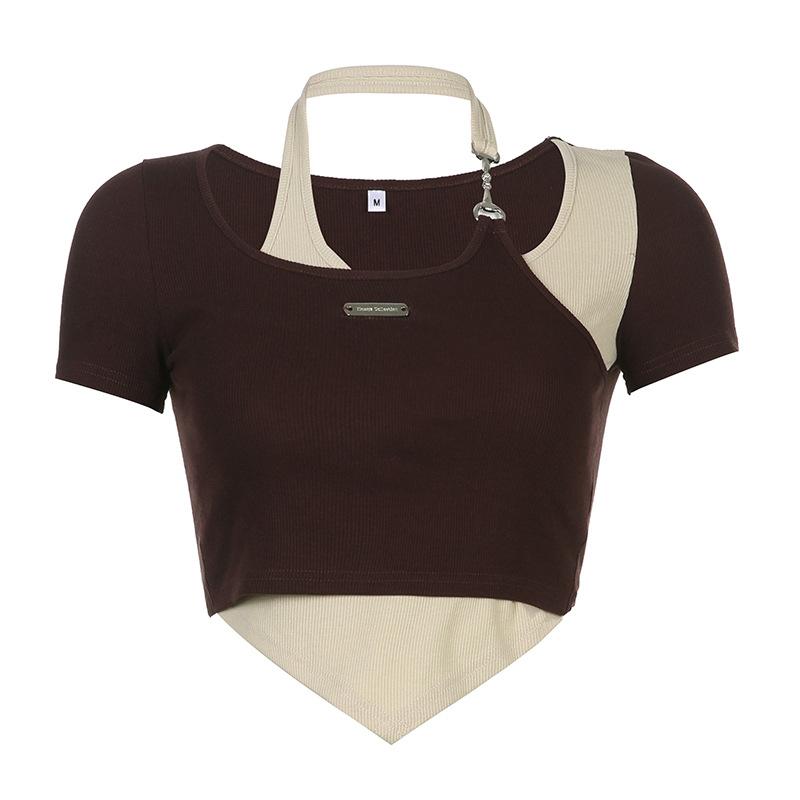 Women Contrast Color Irregular Halter Neck Slim Short T-Shirt-Veeddydropshipping