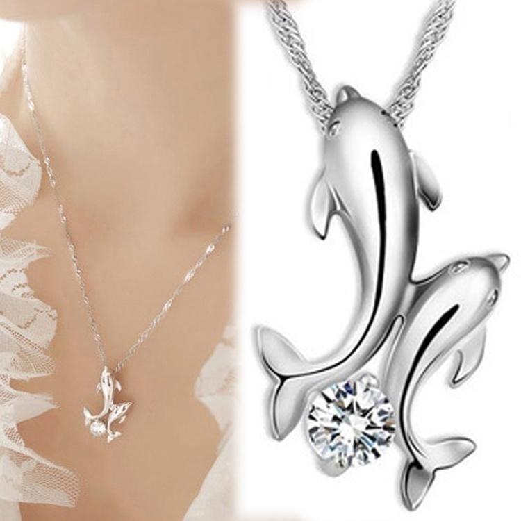 King Double Dolphin Rhinestone Pendant Necklace-JW01171-Veeddydropshipping