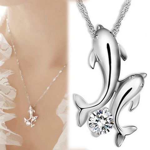 King Double Dolphin Rhinestone Pendant Necklace-JW01171-Veeddydropshipping