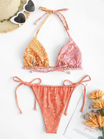 Swimwear Ribbed Bohemian Paisley Print String Halter Bikini Set Women Tie Side -OS00127-Veeddydropshipping
