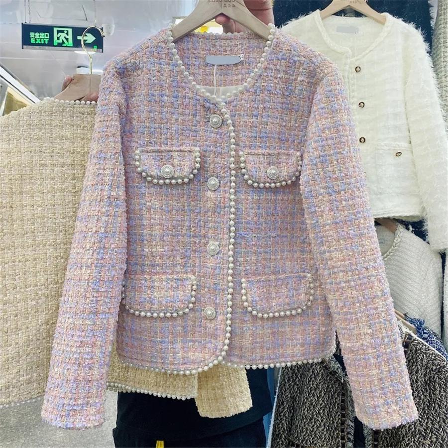 Pearls Vintage Cropped Tweed Jacket Women Korean Fashion-Veeddydropshipping
