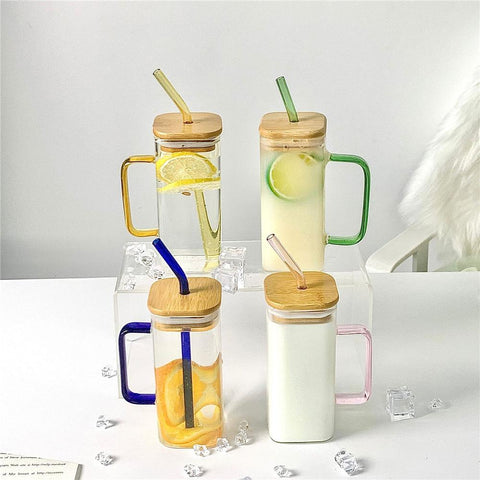 Square Glass Cup With Bamboo Lid and Straw-HA01286-Veeddydropshipping