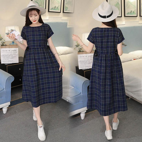 2022 summer Korean loose short sleeve large Plaid lace up loose-TB00594-Veeddydropshipping