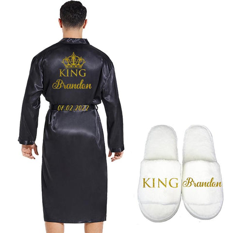 Silk Soft Home Bathrobe Nightgown For Men Kimono Customized Name Date-MF01588-Veeddydropshipping