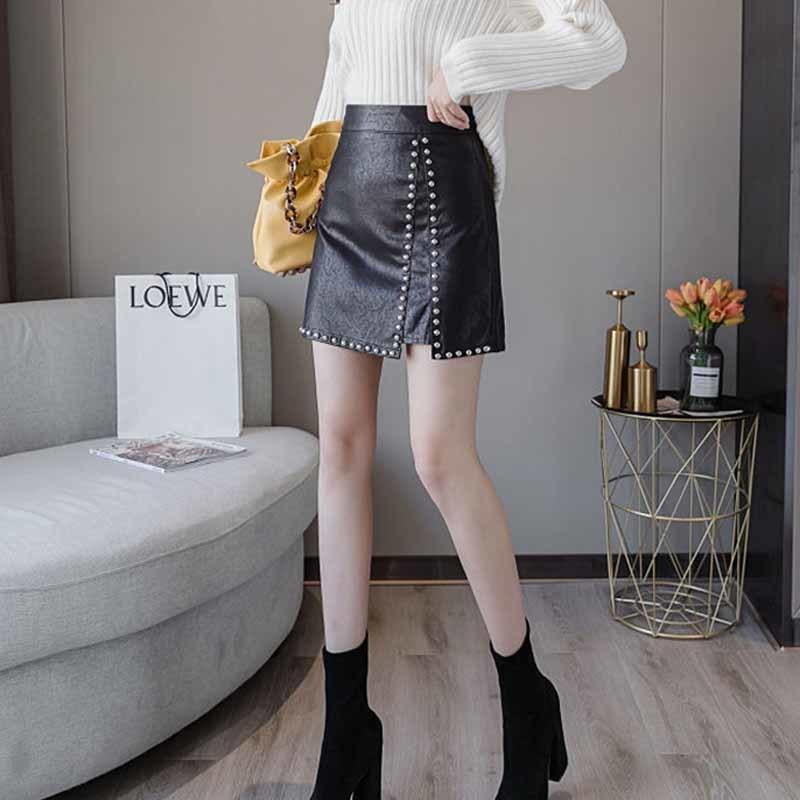 Women Studded Pu Leather Skirt-Veeddydropshipping