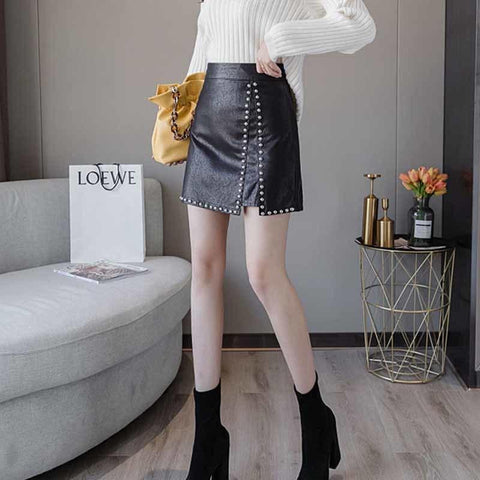 Women Studded Pu Leather Skirt-Veeddydropshipping