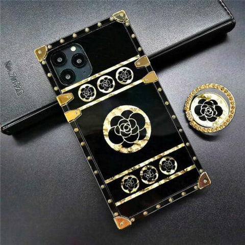 For iPhone 14 13 12 11 8 XS Glitter Bling Gold Flower Square Case Ring Kickstand-PA00170-Veeddydropshipping