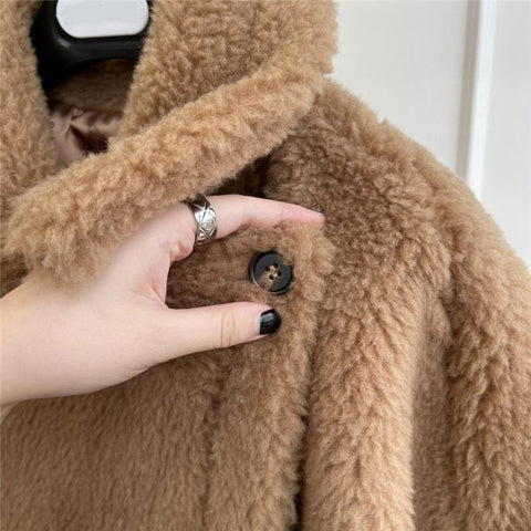 Female Winter Camel Jacket Gray Sheep Wool Coat-WF00213-Veeddydropshipping