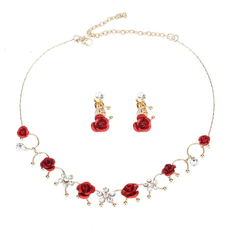 3pcs/set Elegant 1 Pair Necklace Red Flower Neckless Jewelry Set-JW01354-Veeddydropshipping