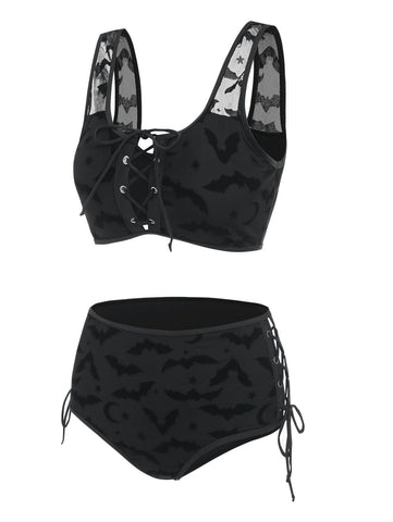 Bat Crescent Mesh Lace-Up Padded Bikini Set Women Fashion Summer Tankini Swimsuit -OS00075-Veeddydropshipping